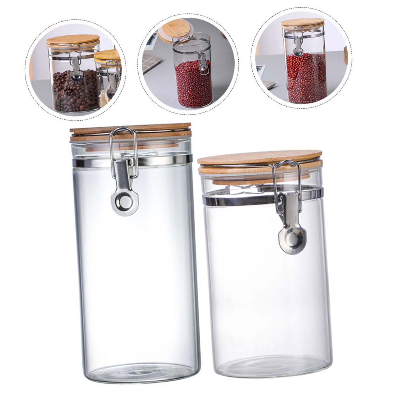 LIFKOME 2stücke Pack Luftdichte Vorratsgläser Haushalt Getreidebehälter Küchenbedarf Tee Süßigkeiten Mehl Getreide Transparenter Deckel Langlebig Holz Edelstahl Glas