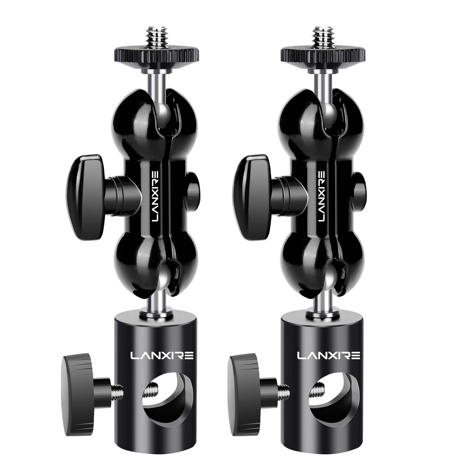Lanxire Light Stand Mount Adapter (2 Packs) with Double Ball Head - Compatible with Ring Light - Fits Flat Head Light Stand - Max Load 4.4lb/2kg - 1/4" Screw Cool Ball Head