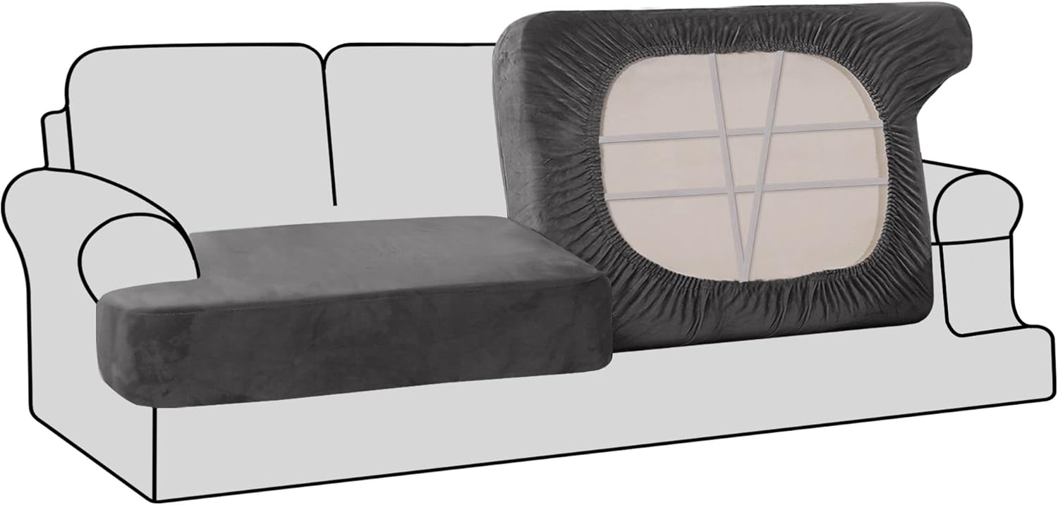 H.VERSAILTEX Stretch Velvet 2 Piece T Cushion Sofa Slipcovers Individually Sofa Cushion Covers for 2 Cushion Couch Seat Cushion Covers for Sofa Seat Cushion Covers Stay with Elastic Bands, Grey 2 Cushion Sofa Grey