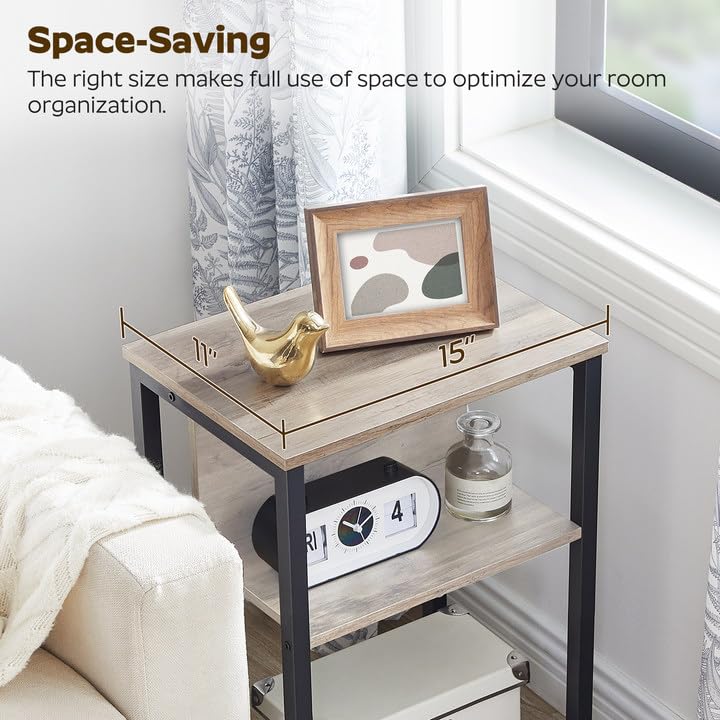 YATINEY End Table with Charging Station, Nightstand with Outlet, USB Port and Type C, 3-Tier Side Table with Adjustable Feet, for Living Room, Bedroom, Greige and Black ET58BG