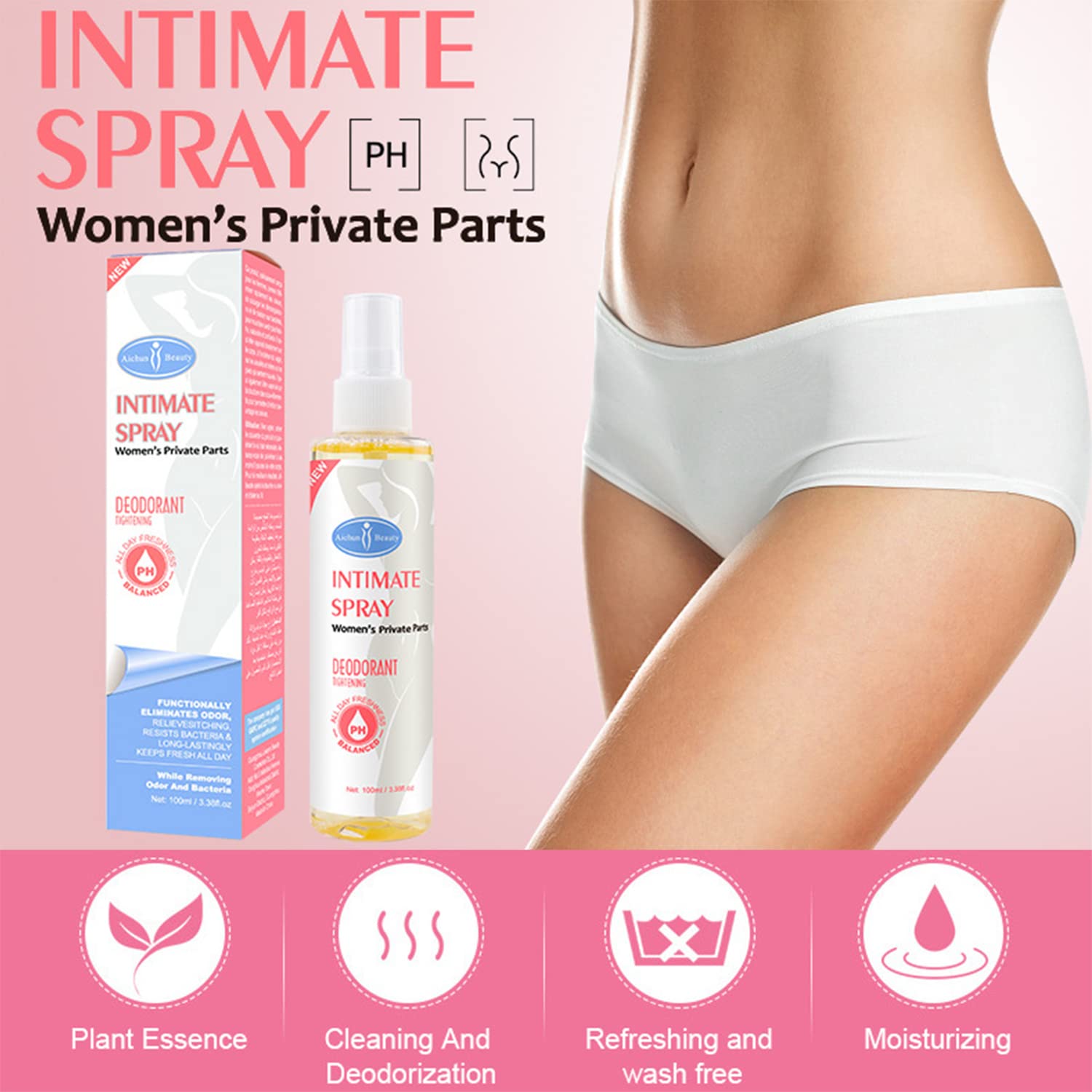 AICHUN BEAUTY Intimate Spray Deodorant Armpits Feet Tightening Vagina PH Balanced Private Part Eliminate Odor Feel Fresh Body 100ml / 3.38fl.oz