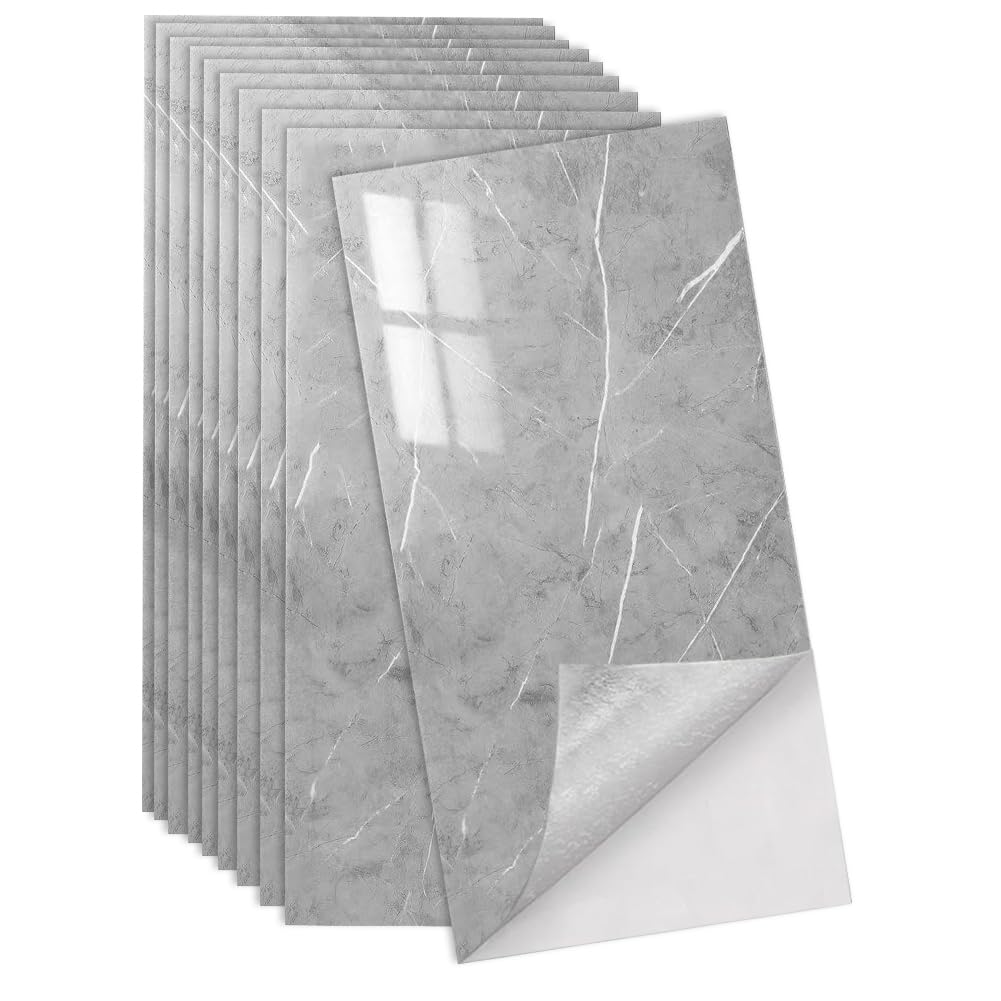 Set di 10 adesivi per piastrelle, effetto marmo, 60 x 30 cm, piastrelle autoadesive, impermeabili, effetto pietra, pannelli da parete per cucina e bagno, ristrutturazione paraspruzzi (grigio fulmine)