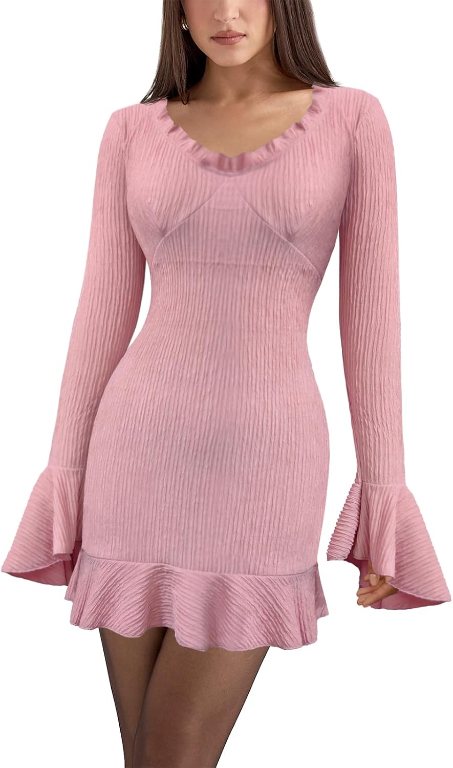 Women's Cocktail Bodycon Sexy Plunge Ruffle Hem Mini Dress Long Flare Bell Sleeve Cocktail Club Party Short Dress