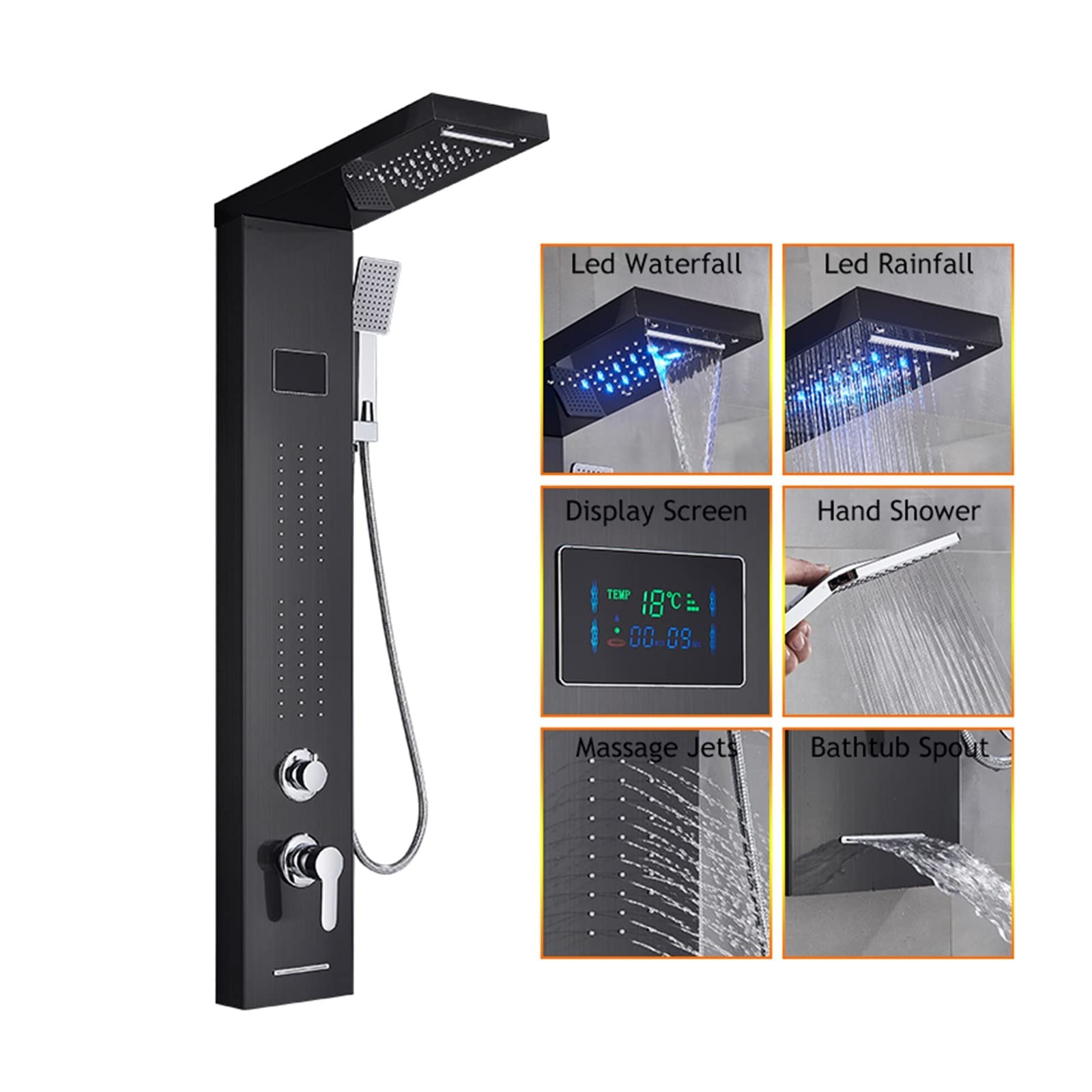 Soywim 8011 Black Shower System, Led Shower Panel Bath Faucet Temperature Digital Display Tub Body Massage System Jets Tower Column(8011 Black)