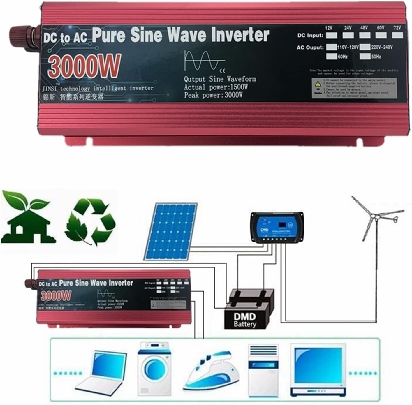 Pure Sine Wave Inverter 12V/24V to AC110V 220V 1000W 2000W 3000W Voltage Transformer Power Converter Solar Inverter LED Display(12V 3000W,220V 230V 60Hz)