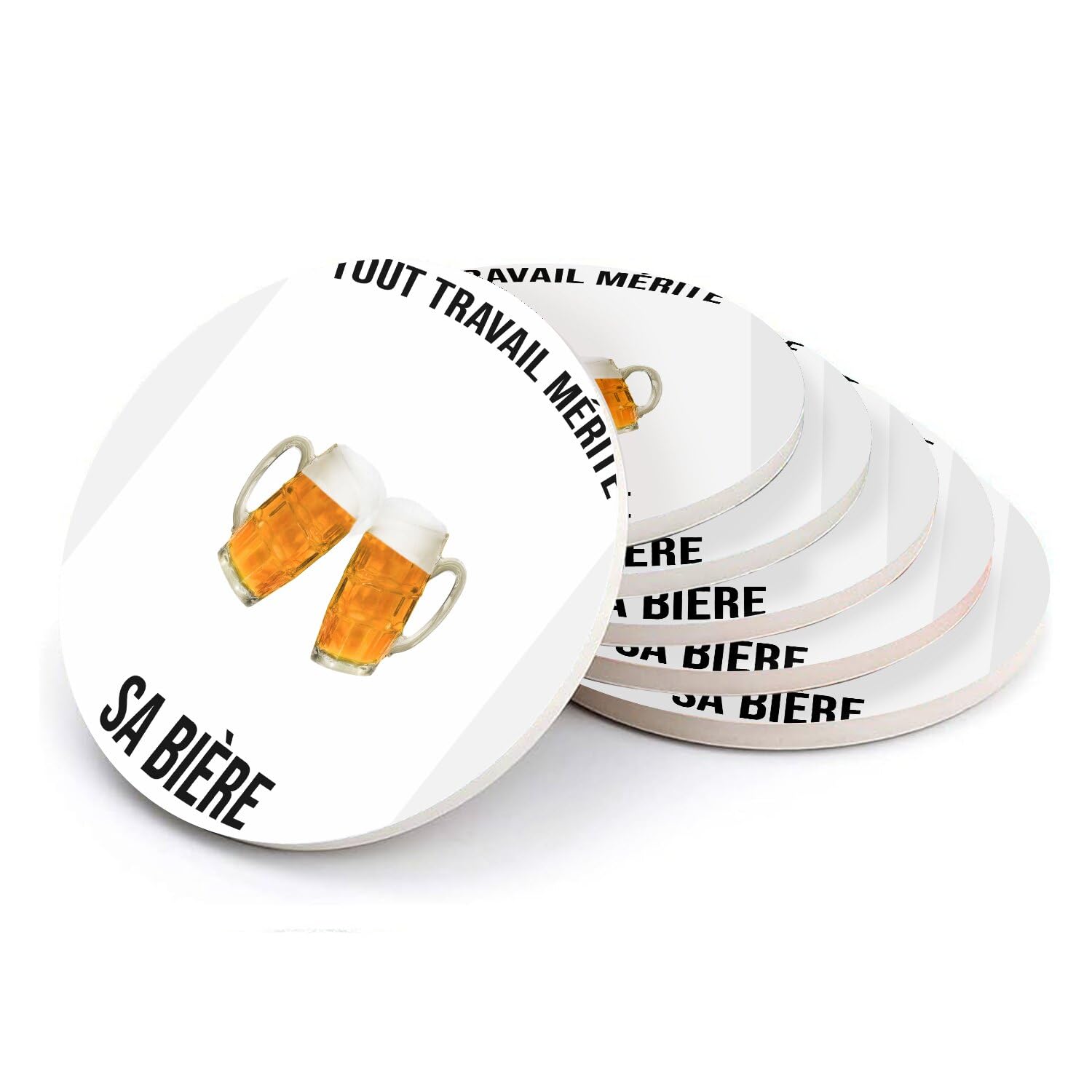 Sous verre ronds en céramique Tout Travail Mérite Sa Bière - Lot de 6