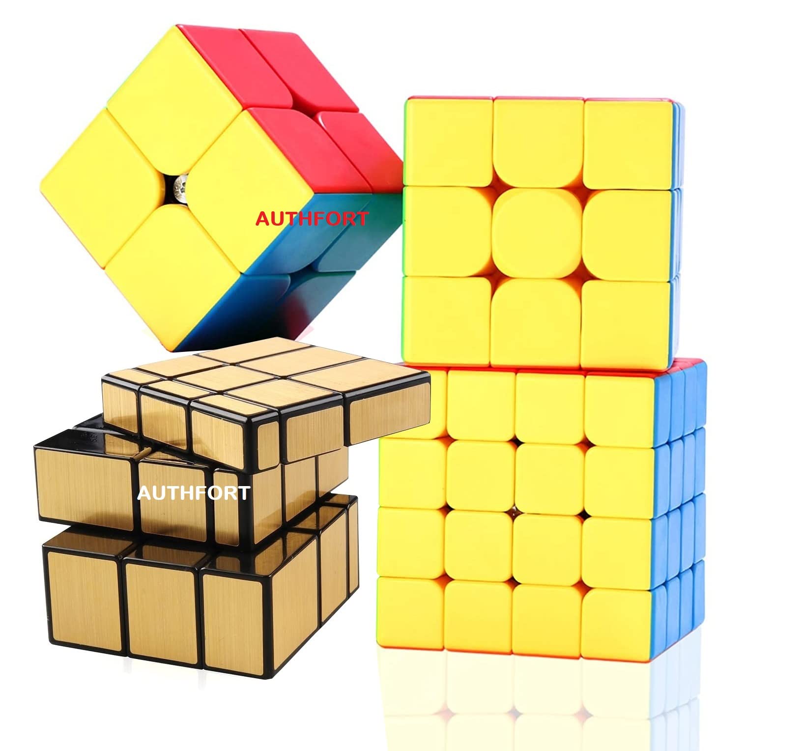 Authfort Speed Cube Set (2x2, 3x3, 4x4 & Gold Mirror Cube Set, 3x3x3 Combo Pack of 4