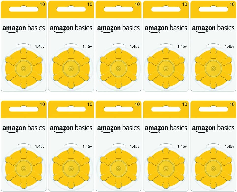 Amazon Basics 60-Pack Hearing Aid Size 10 Zinc-Air Batteries, 1.45 Volt, Yellow Tab, 4-Year Shelf Life