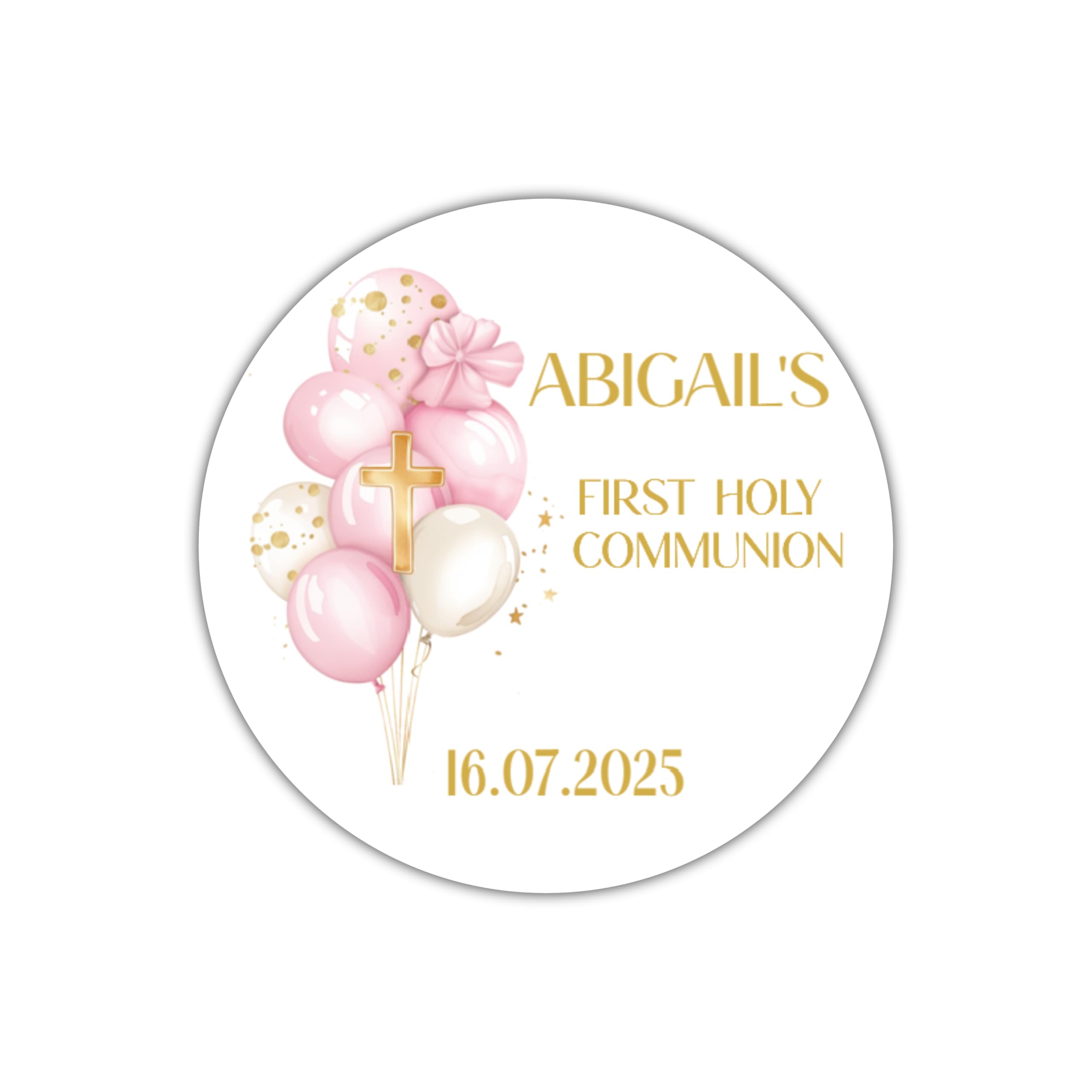 Five Star Party Supplies White Personalised Holy Communion Stickers, Pink Cross And Balloon Design,Confirmations Stickers, Communion Party Favours