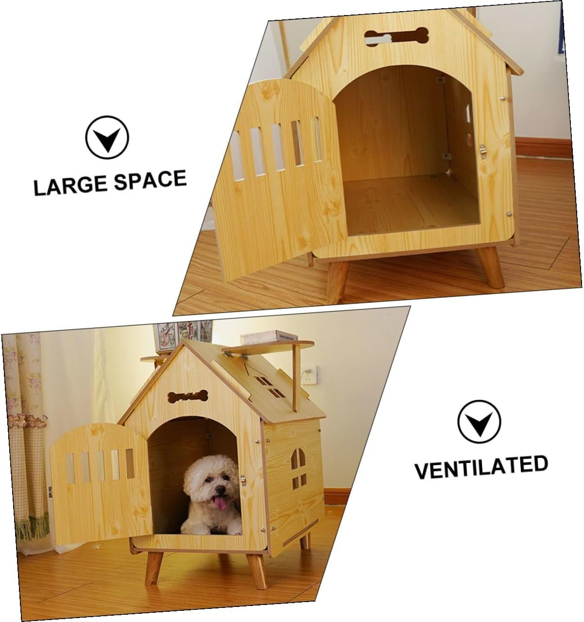 Outdoor Wooden Dog House Medium Size with Protective Fence Garden Dog Shelter and Puppy Pet Kennel