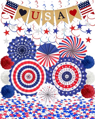 33 Pcs 4th/Fourth of July Memorial Day Decorations, Patriotic Decorations Outdoor Indoor Office USA Banner Red White Blue Star Streamer Hanging Swirls Veterans Day Decor for Independence Day