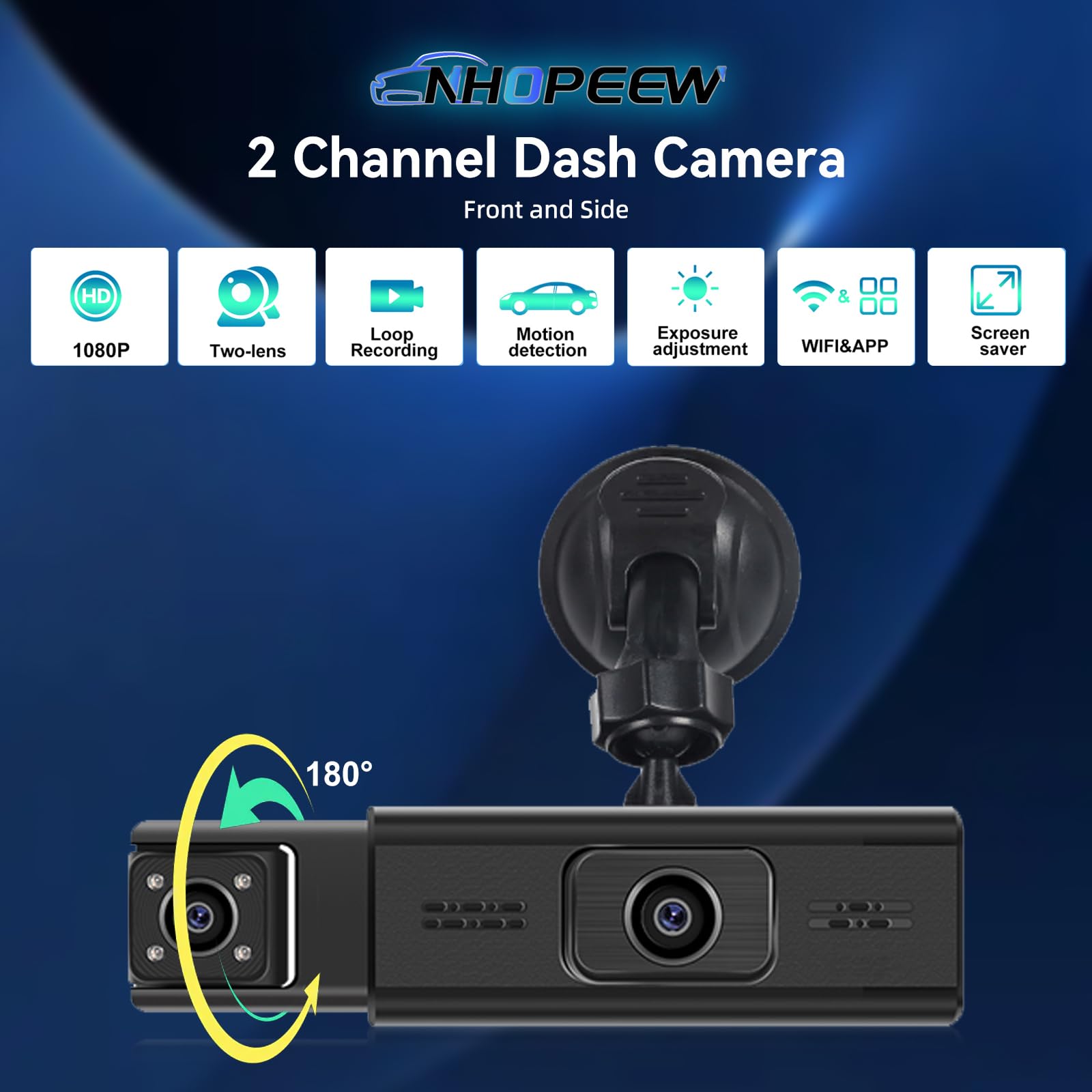 NHOPEEW Dash CAM de 3 Canales - Dashcam Frontal y Trasera de 360° con Pantalla de 3,16 Pulgadas - WiFi/Grabación en Bucle/Compensación de exposición/Detección de Movimiento