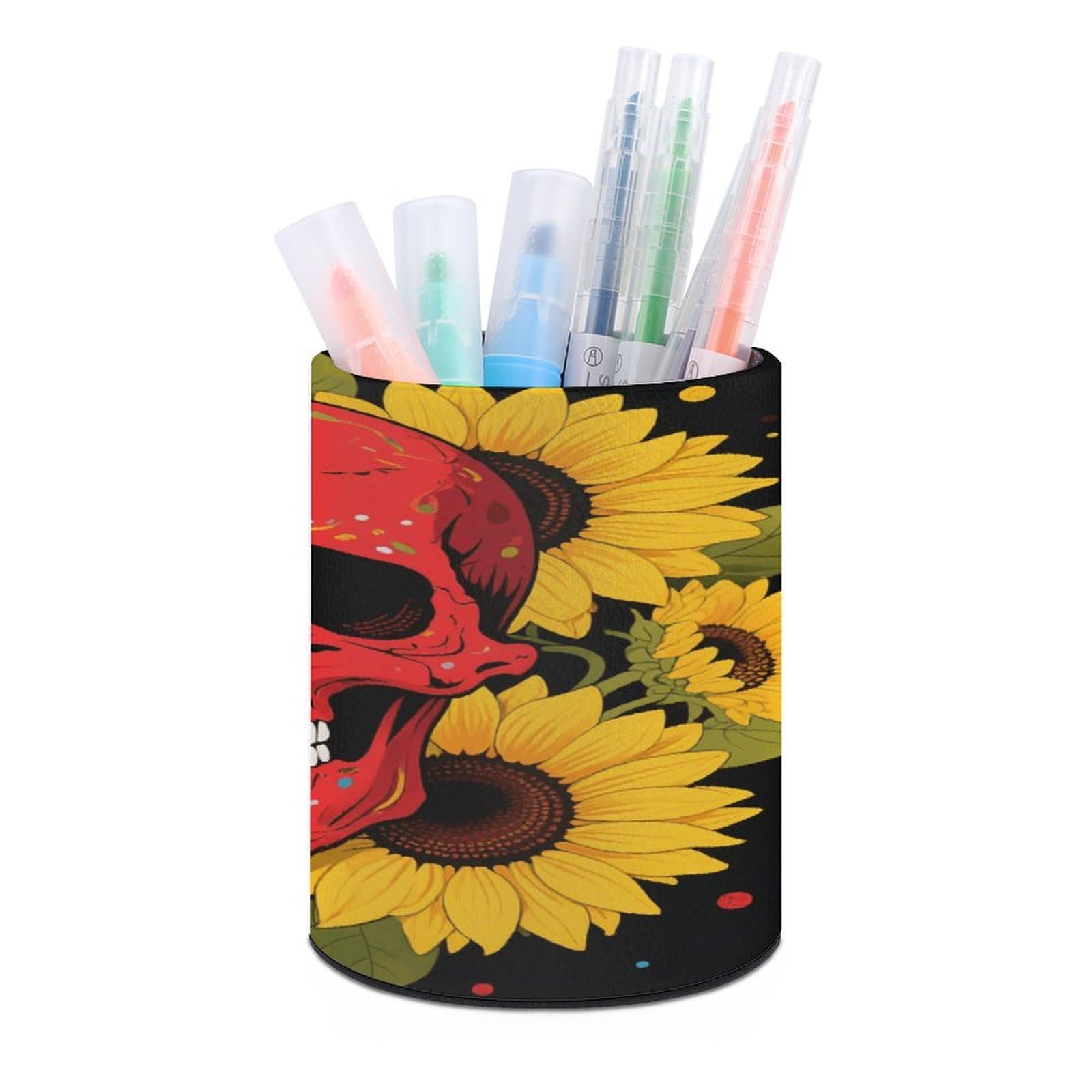 VstaDank - Round PU Leather Pen Holder Red Skull Design Sunflowers Yellow Sunflower Design Desk Organizer Office Decor
