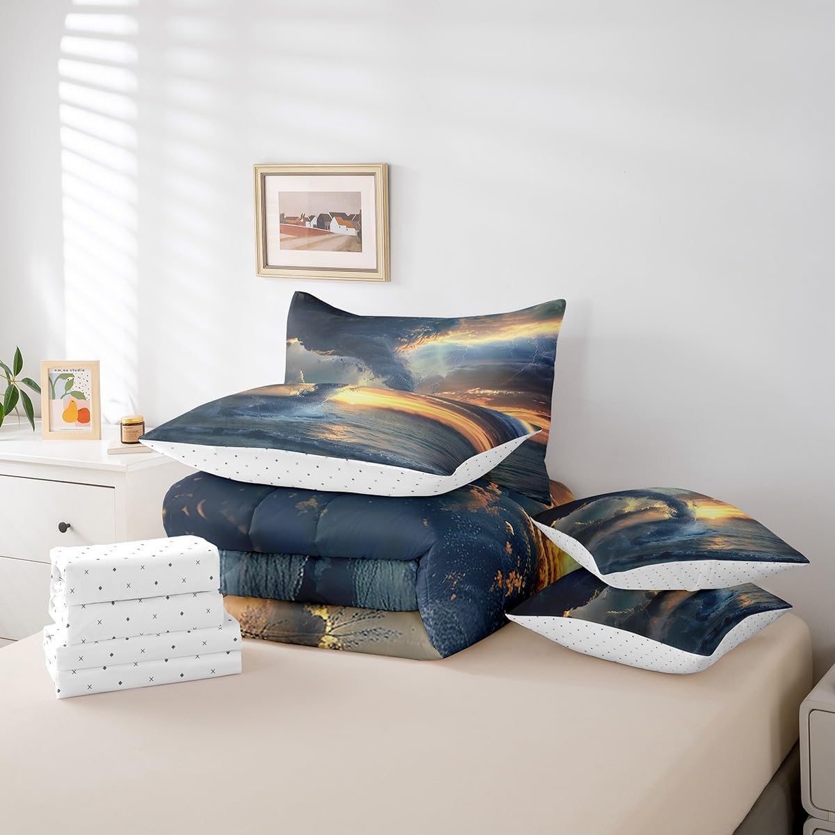 Feelyou Kids Tornado 7 Piece Bedding Set Twin Size, Sunset Kids Boys Girls Comforter Set with Sheets Bedding Sets with Comforter, Pillowcases, Flat Sheet, Fitted Sheet and Cushion Cover