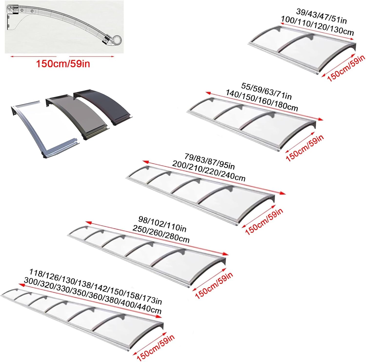 Modern Polycarbonate Door Canopy Awning, Curved Outdoor Rain Cover for Porch & Window, Stylish Patio Protection (150x160cm/59x63in)