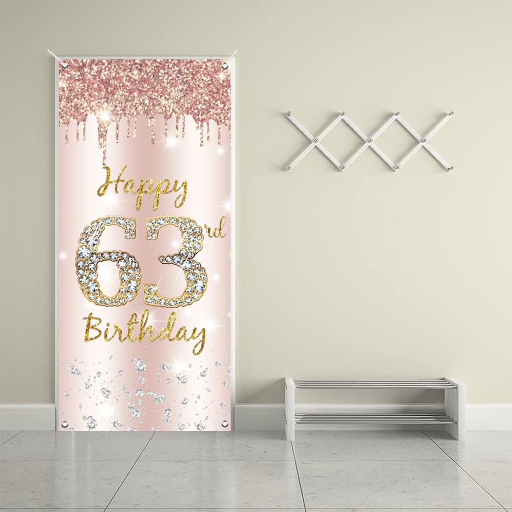 63. urodziny dekoracja damska, Happy 63rd Birthday Door Banner różowe złoto, 63. urodziny tkanina tabliczka plakat dekoracja drzwi, 63. urodziny tło baner damski, przyjęcie urodzinowe tabliczka