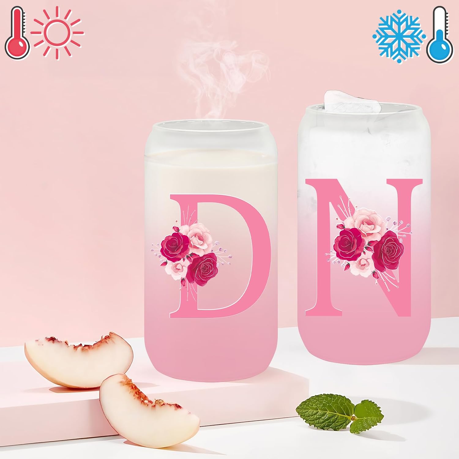 Personalized Gifts for Women,Initial Glass Cup with Lid and Straw,Ice Coffee Mug,Smoothie Beer Tumbler,16oz Glass Cup with Lid and Straw,Birthday Gifts for Mom Colleague-D