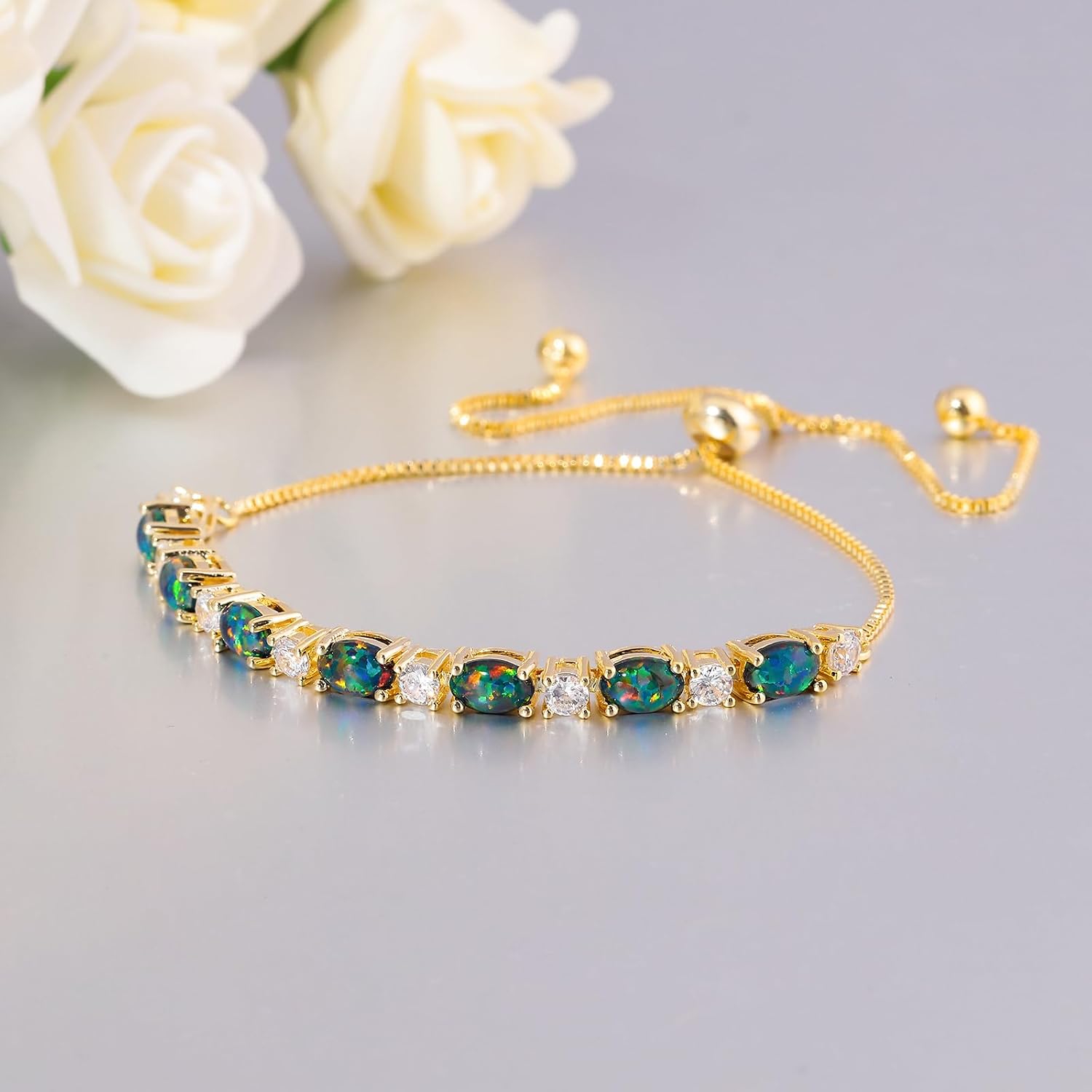 CiNily 18K White Gold/Rose Gold Plated Bracelets-Adjustable Sparkling Cubic Zirconia White Opal Bracelet for Women Girls for Her