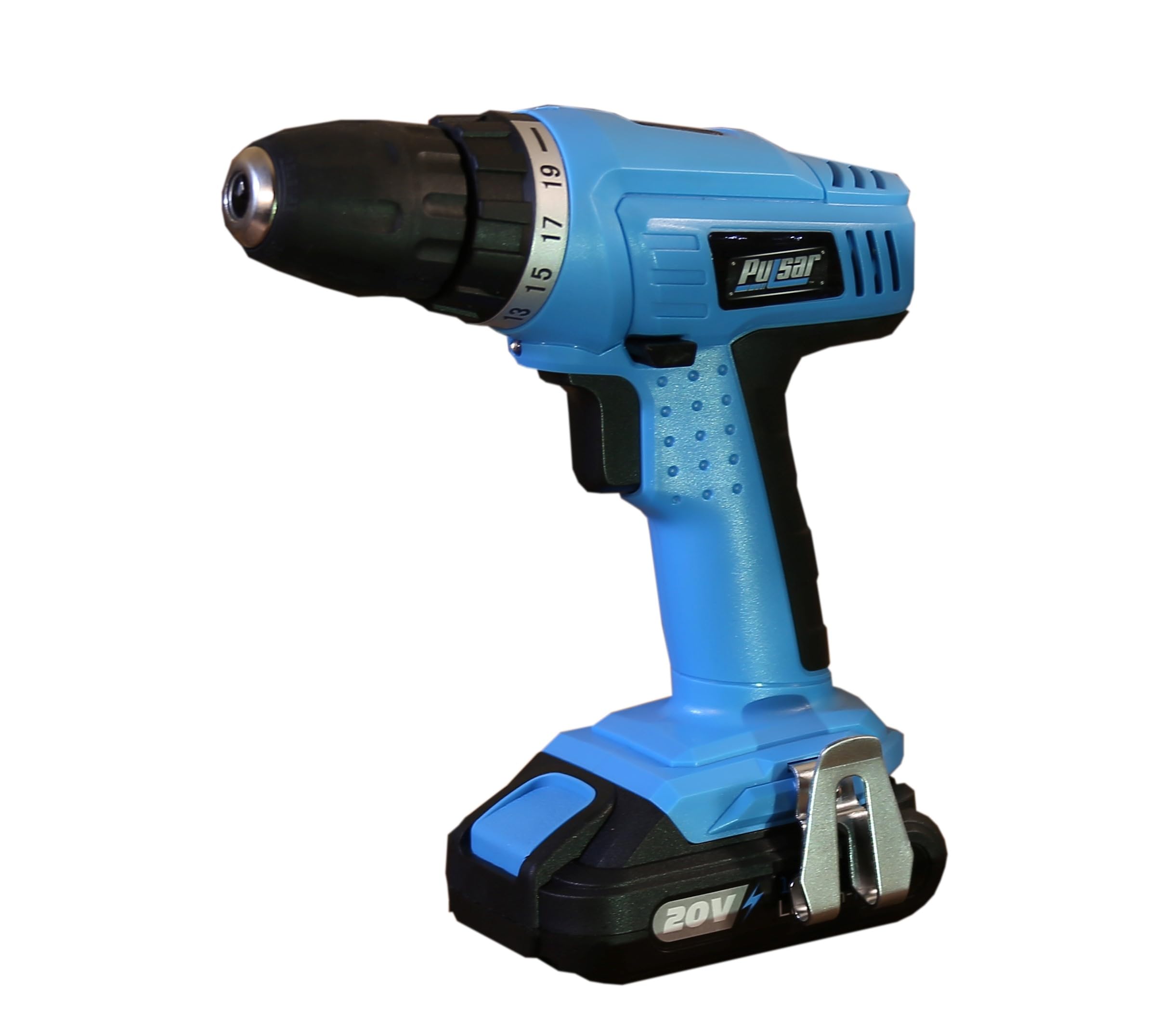 Pulsar PT25LK PT25LK Bezprzewodowa wiertarka litowo-jonowa 20 V 1,3 Ah, wiertarka z regulacją momentu obrotowego 19 + 1, regulowana lampa robocza LED (zestaw zawiera akumulator i ładowarkę)