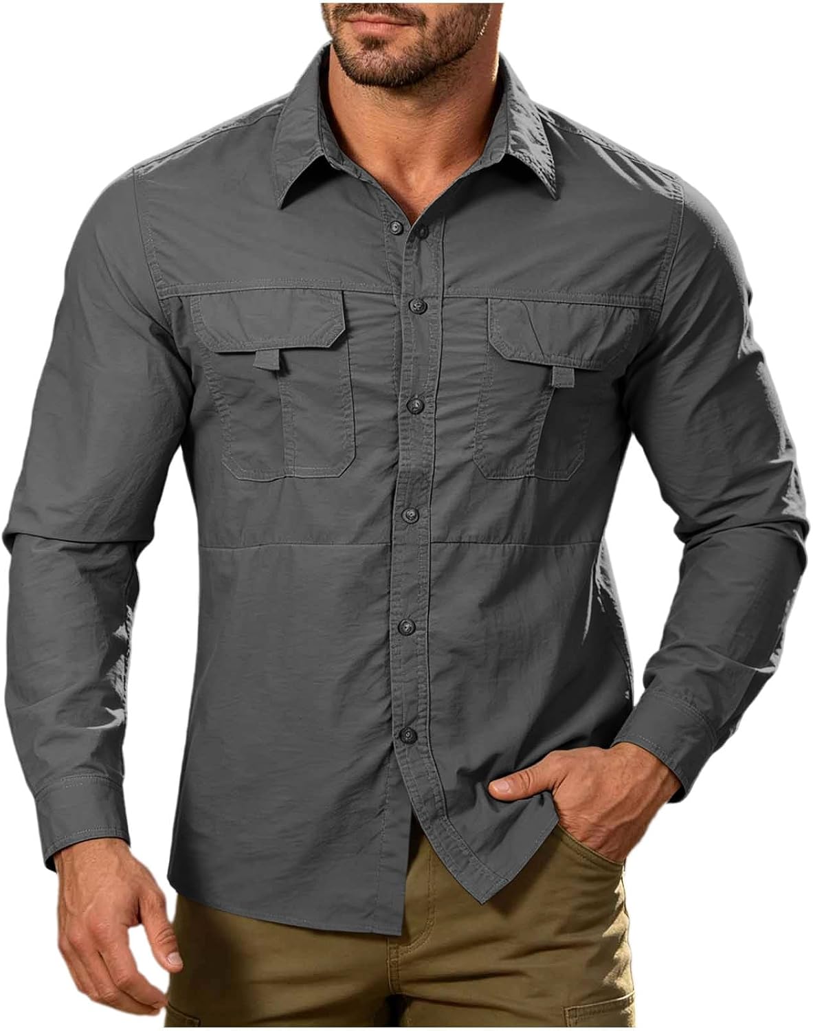 Men Tactical Button Down Shirt Long Sleeve Collared Quick Dry Shirts Breathable Outdoor Work Tops with Pockets