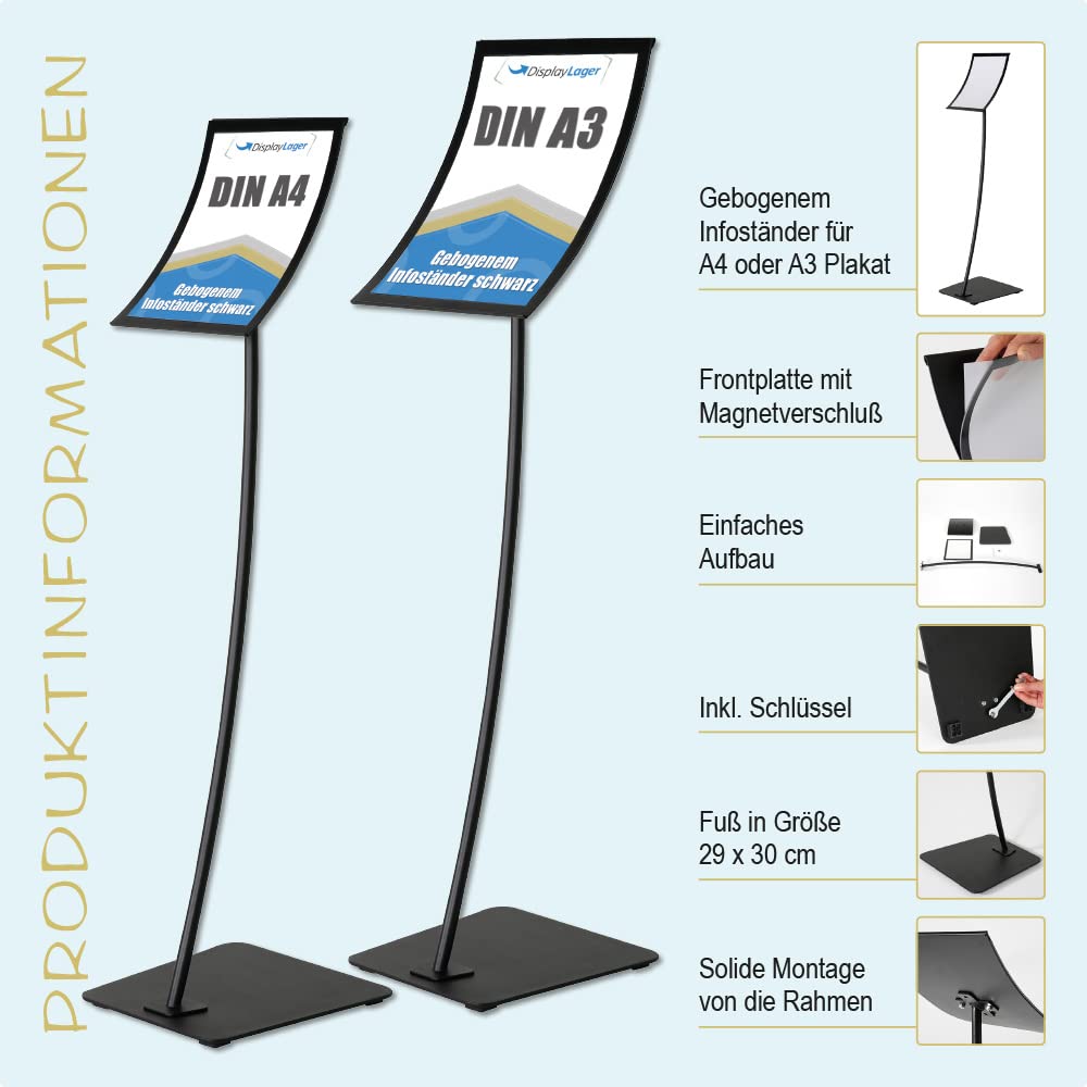 DisplayLager - Infoständer in Schwarz mit gebogenem Rahmen & Stange, Magnetverschluss, Fuß aus Metall (A3)