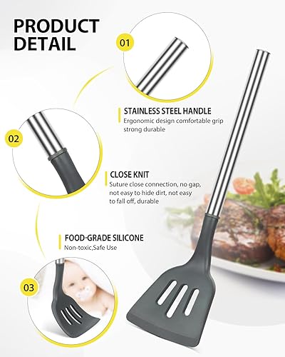 Miniatura 3 de Juego de 2 espátulas de silicona para wok, sólidas y ranuradas, antiadherentes, sin BPA, resistente al calor, mango de acero inoxidable, utensilios