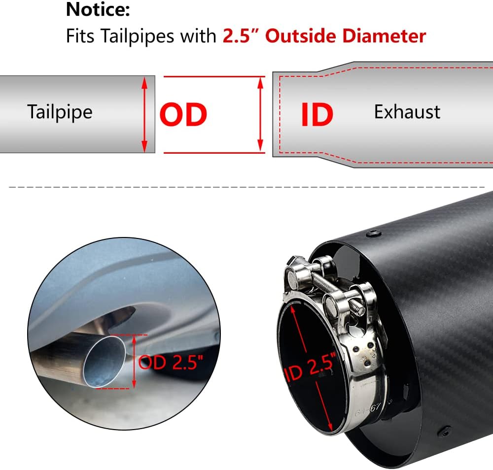 A-KARCK Carbon Fiber Exhaust Tip 2.5" Inlet to 4.5" Outlet, High Temperature Resistance 6" Long Stainless Steel Tailpipe tip (Black Shell)