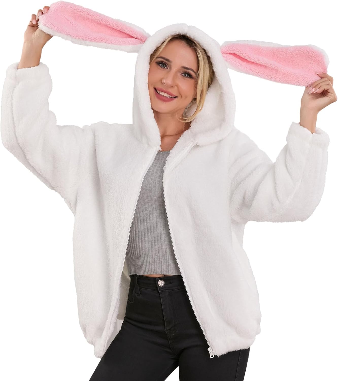 acdiac Kawaii Animal Hoodie Bunny/Bear Ear Hoodies Tops For Women Fluffy Rabbit Sweater Zip Jacket Coats