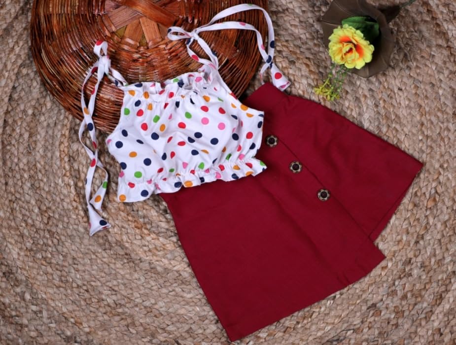 Image of ANNECA Baby Girls Polka Dot Tie-Shoulder Crop Top with Maroon Button-Detail Skirt Set, 2 Pieces