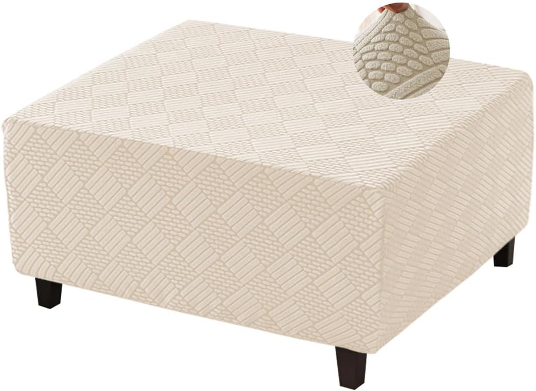 Square Ottoman Cover Large Stretch Storage Ottoman Bench Covers Slipcovers Cube Jacquard Covers for Square Ottomans Coffee Table Footrest Stool Cover with Elastic Bottom XL Beige