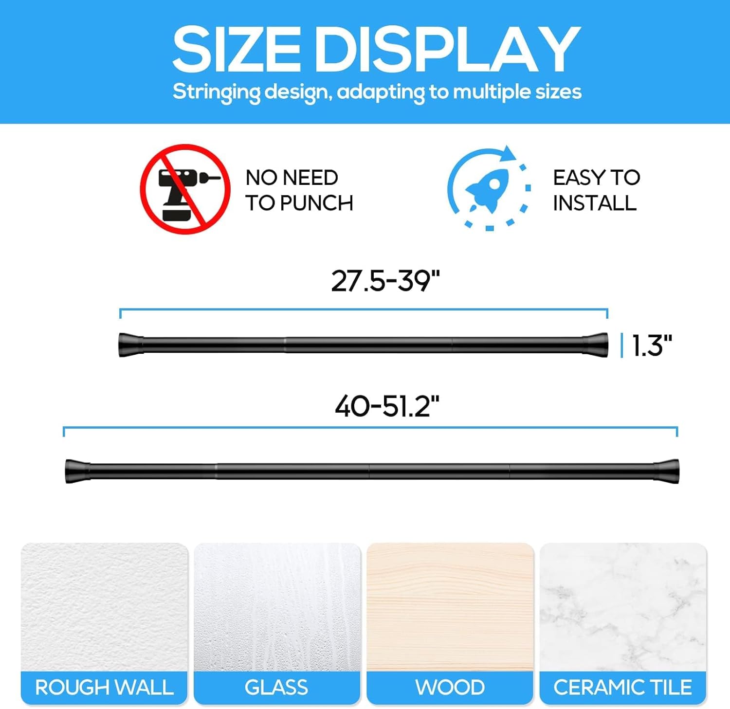 Tension Curtain Rod Black Tension Rod 28 To 48 Inch Spring Curtain Rod Non Slip Tension Rods 4Pcs For Windows No Drilling Adjustable Tension Rods of Curtain Window Closet Kitchen Wardrobe