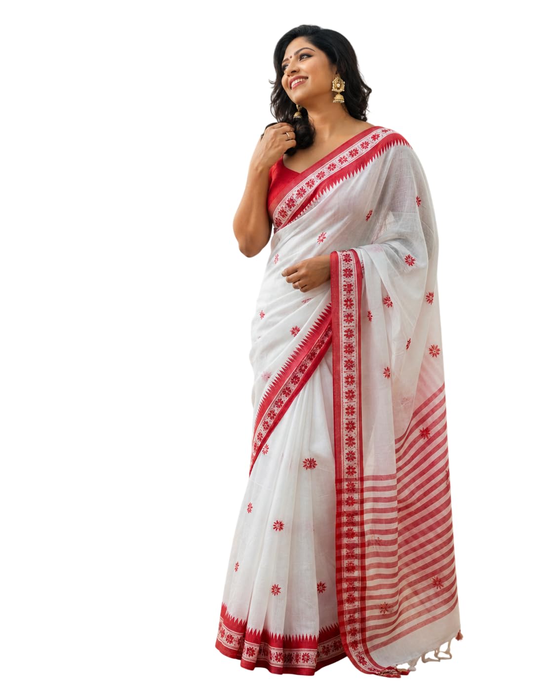 MAYUR KANTHI BOUTIQUE Traditional Star Buti White Red Cotton Saree with Blouse, Ethnic Wear-picture-38