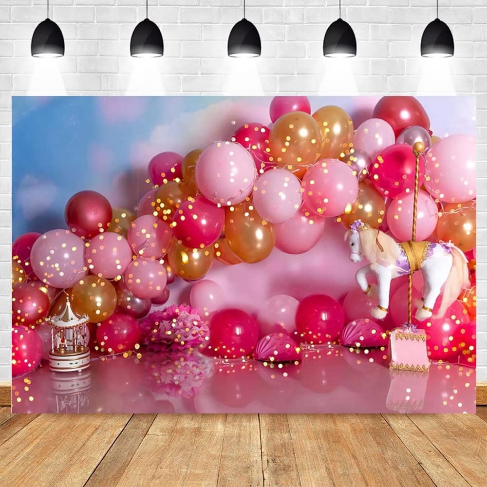 Kinder Geburtstag Kuchen Smash Hintergrund, Photocall Rosa Luftballons Karussell geboren, Kinder, Mädchen, Hintergrund Fotografie, Hintergrund Foto Studio350x230cm