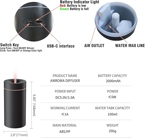 Miniatura 7 de iWeeta Difusor para aceites esenciales, 3.4 fl oz USB inalámbrico recargable aceite esencial aromaterapia difusor de aroma luces LED para