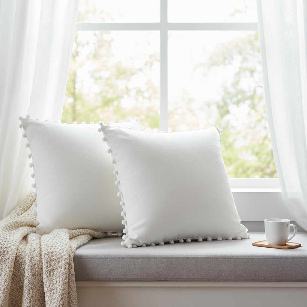 Trade Star Set of 2 Square Cushion Case 100% Cotton Beautiful Soft Decorative Cushion Case Handmade Spring Breathable Pillow Case with Pom Pom for Home Decor Pillow Cover 16x16 Inches