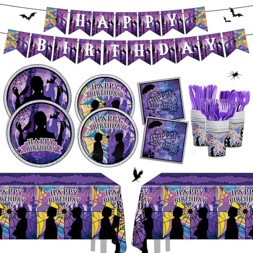 AGoooodySet 171pcs Wednesday Plates Napkins Party Supplies Paper Cup Banner Tablecloth Disposable Tableware Set for Kids Wednesday Birthday Party Decoration Serve 24 Guests