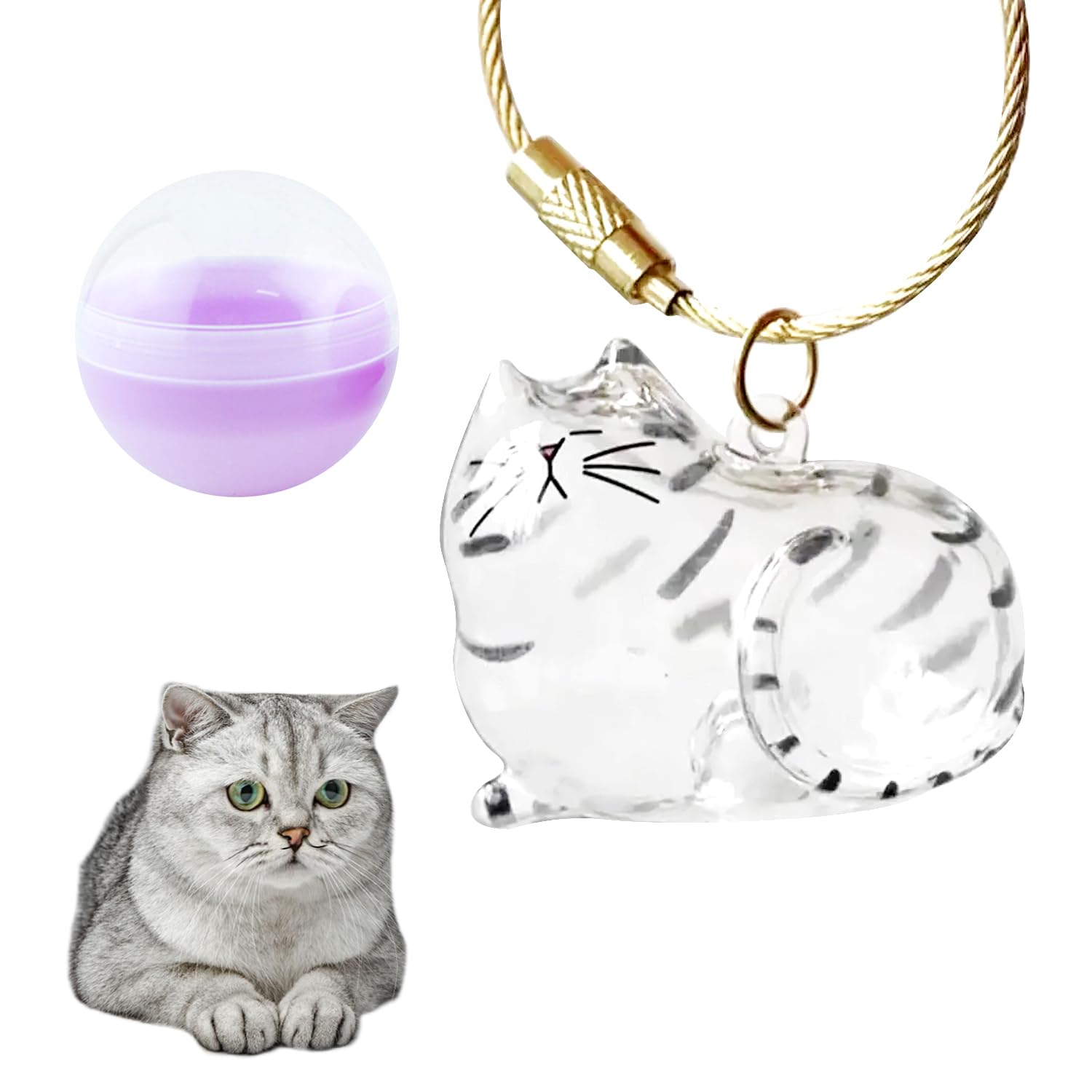 Magicaldiy Cat Shaped Pet Hair Storage Bottle, Cat Hair Memorial Bottle, Cat Capsules Gachapon Ball, Cute Cat Keychains, Cat Bag Charms for Handbags Backpacks Purse (Silver Tiger Cat)