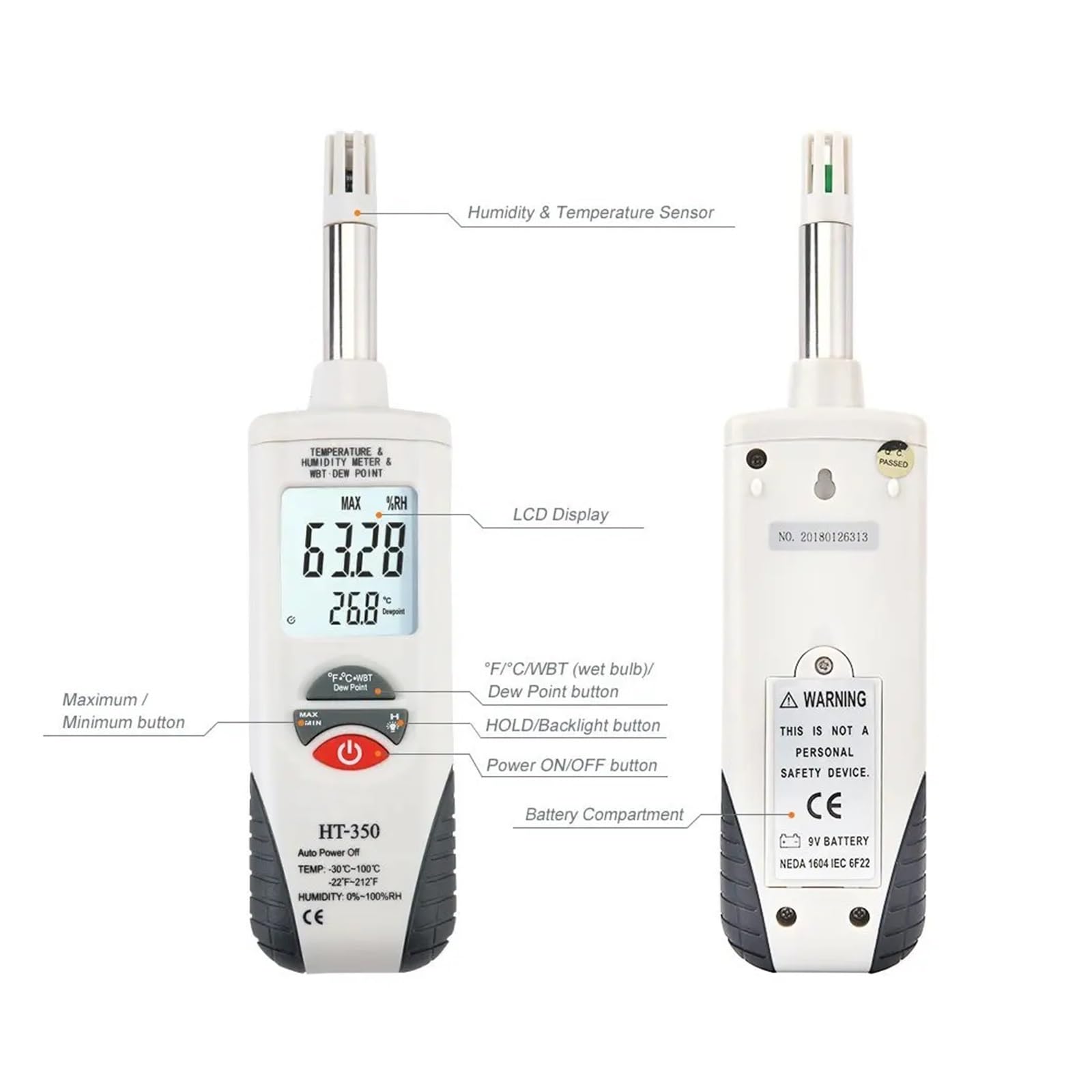 Misuratore Di Temperatura E Umidità Digitale Portatile Con Punto Di Rugiada E Temperatura Del Bulbo Umido, Doppio Display For Temperatura E Umidità