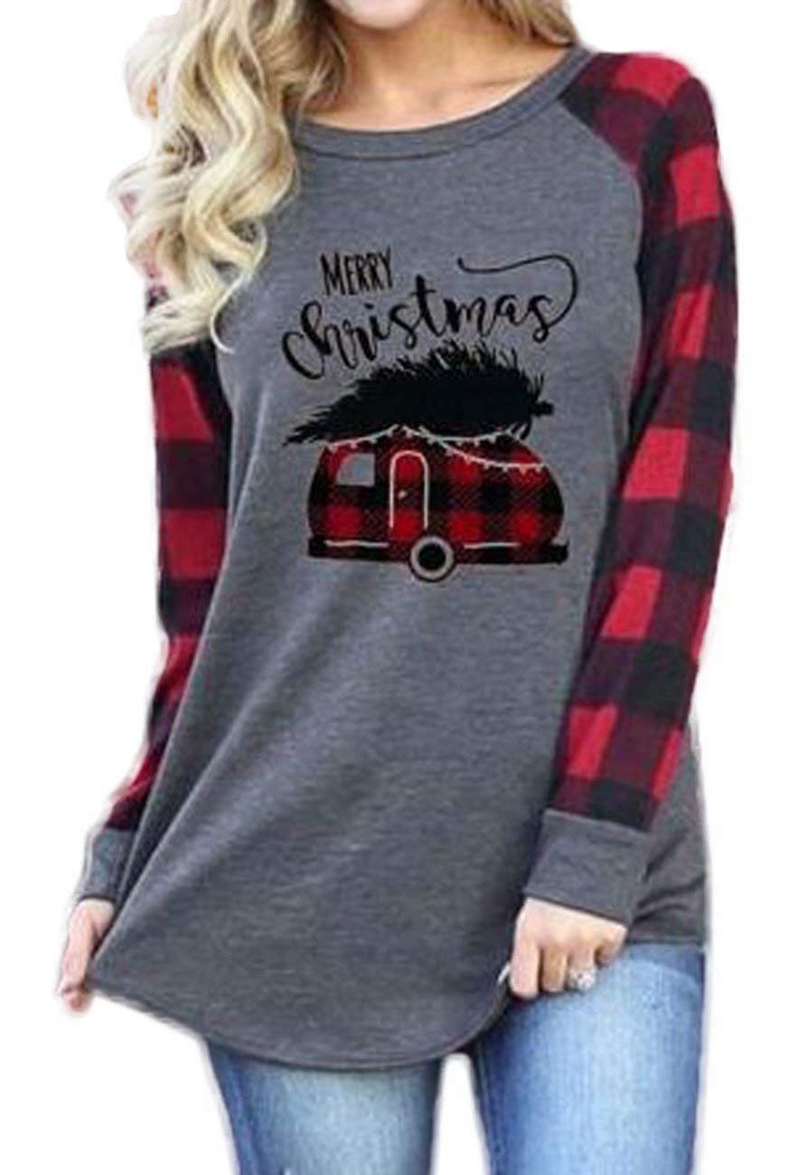 BANGELY Merry Christmas Truck Tree Graphic Cute Shirt Women's Plaid Splicing Long Sleeve Raglan Tees Baseball Tops