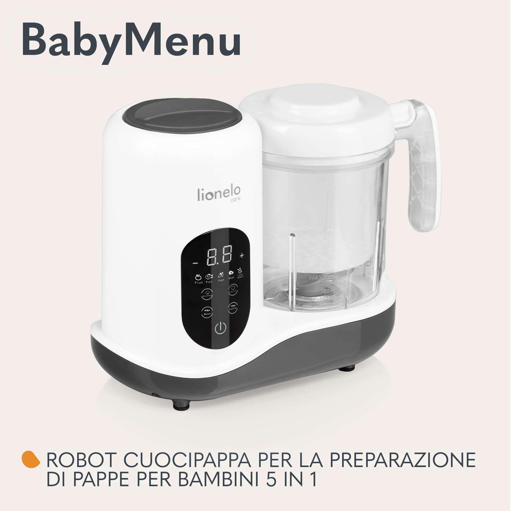 Lionelo BABYMENU 5in1 Robot Cucina e Scaldabiberon per Bambini: Cottura a Vapore, Frullatura, Riscaldamento, Scongelamento, Sterilizzazione, Senza BPA, 35 Ricette