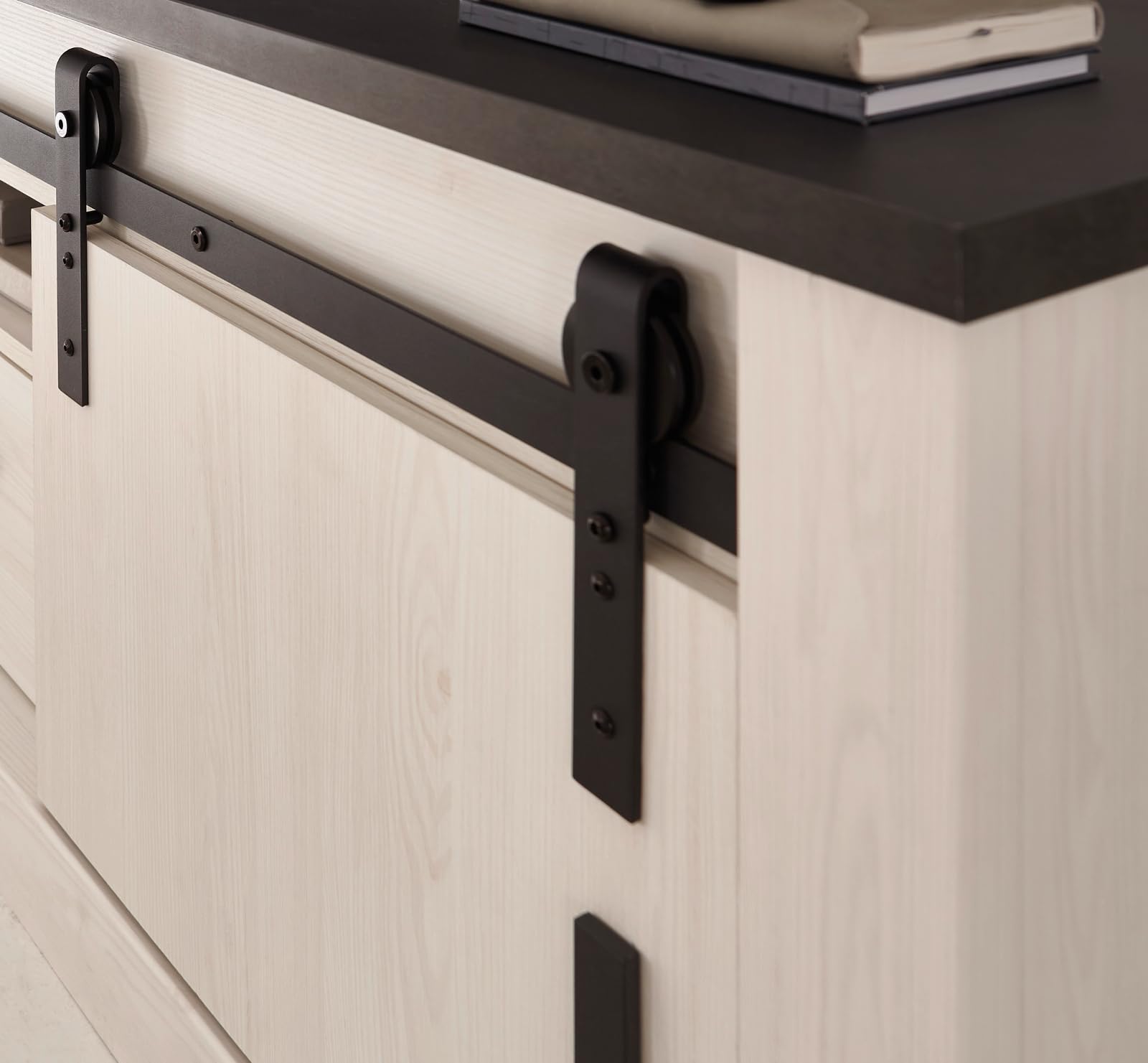 Küche mit Theke komplett Set in weiß Pinie und schwarz/anthrazit Küchenschrank 6 teilig komplette Küche im Industrial Design Stove (Set 1)