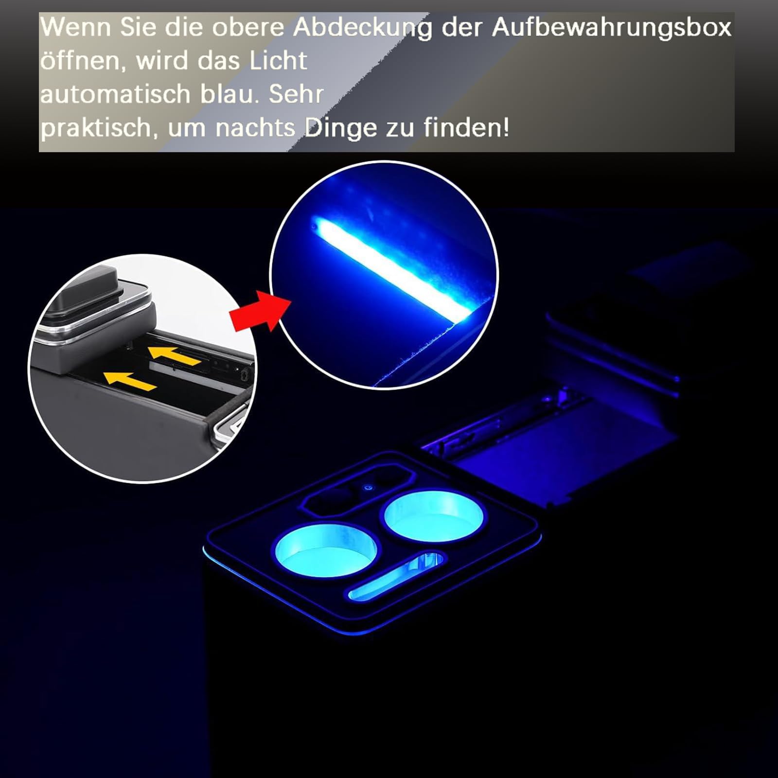 Mittelkonsole mit Ablagen Staufach kompatibel mit VW T4 T5 T6 T6.1 T7 2003-2019, Leder Zubehör mit USB, Blu LED-Leuchten und Zigarettenanzünder, Schwarz