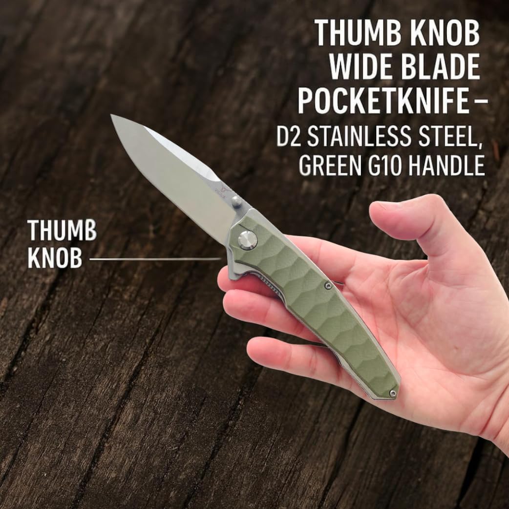VICIUS Thumb Knob Wide Blade Pocketknife – D2 Stainless Steel, Green G10 Handle