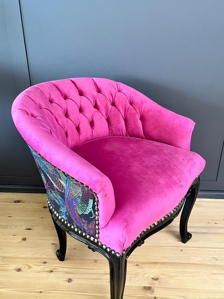 CasAmin Home & Living Cocktailsessel im Französischen Barockstil, Fuchsia Farbe Samt, Nostalgischer Barstuhl, Getufteter Samt Hot Pink für die Inneneinrichtung des Wohnzimmers