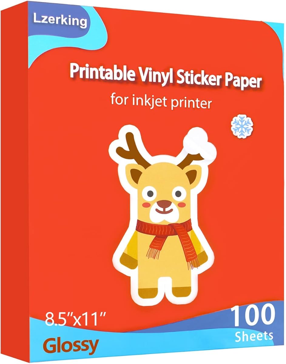 Lzerking Printable Vinyl Glossy Sticker Paper for Inkjet Printer 100 Sheets White Waterproof Self-Adhesive Sheets 8.5x11 Inches