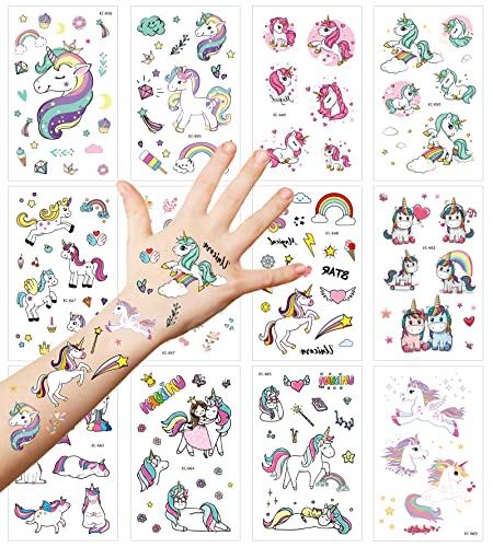 Deen Tattoo Kinder,12 Blätter Einhorn Tattoos Set ,Wasserdichte Einhorn Temporäre Tattoos Mädchen,Kindertattoos Aufkleber für Jungen Mädchen Einhorn Spiel Party Kindergeburtstag Mitgebsel Cover