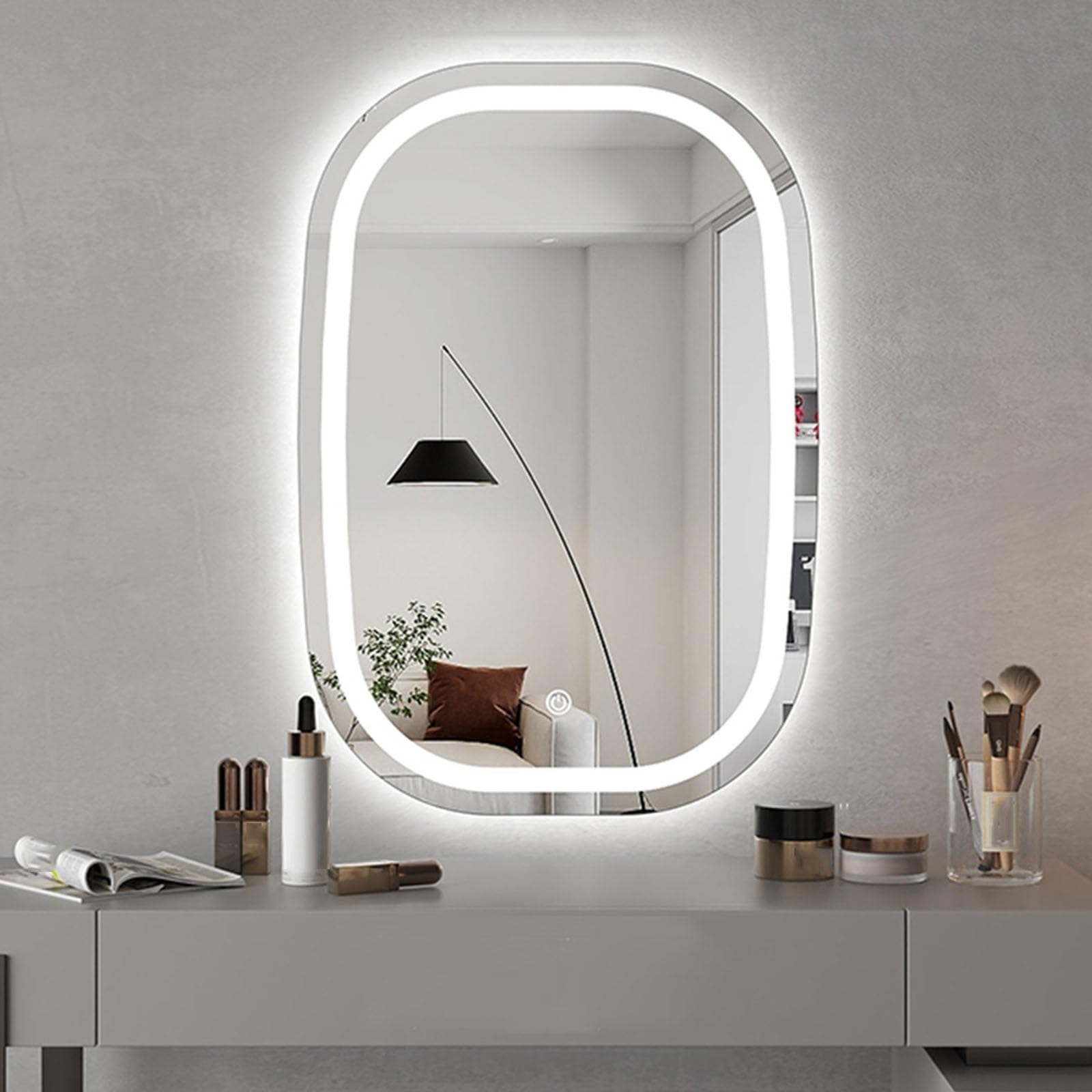 BKSXSOP Frameless LED Bathroom Mirror, Wall-Mounted Vanity 3-Color Dimmable Touch Sensor Light, Waterproof, Vertical Design, 50x70cm - Perfect for Modern Bathrooms