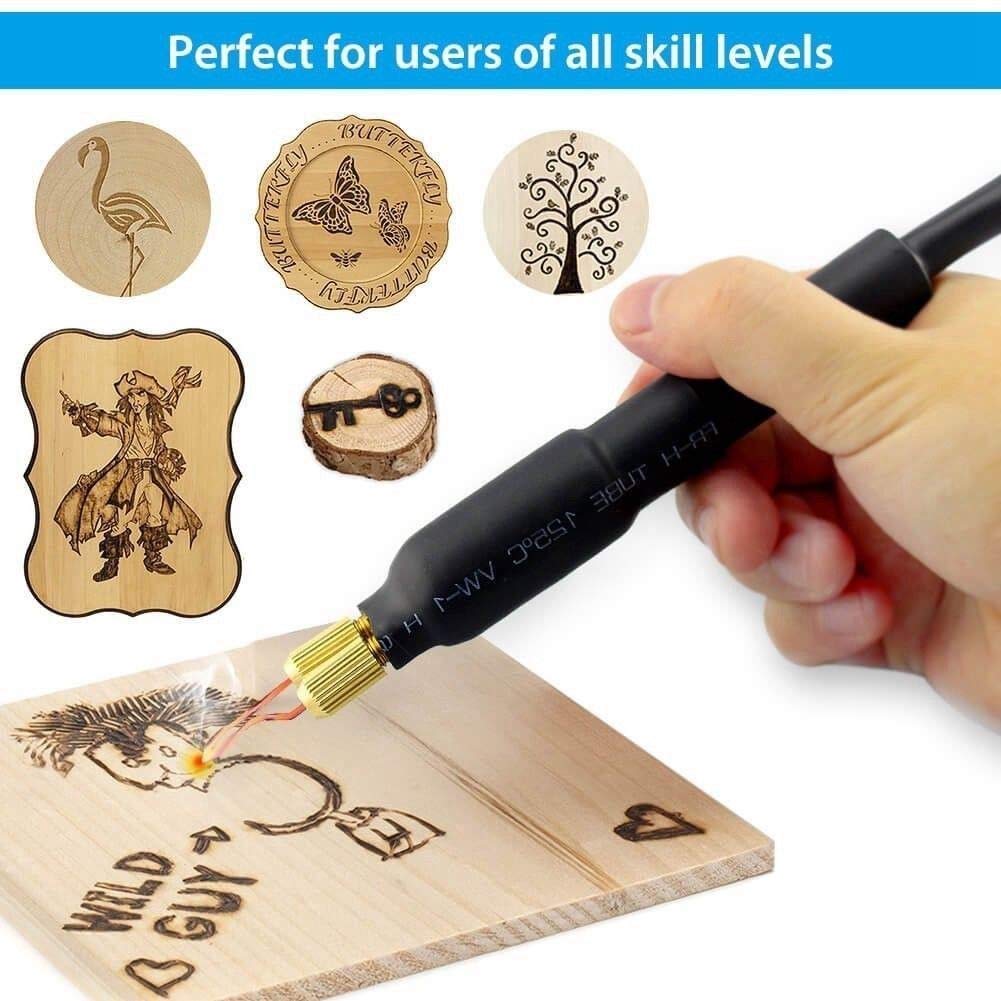 Wood Burning Kit Pyrography Machine 110V 60W Pyrography Wood Burner Detailer Woodburning Tool Set 20 Tips Two Pens Dual Port Pointer Display