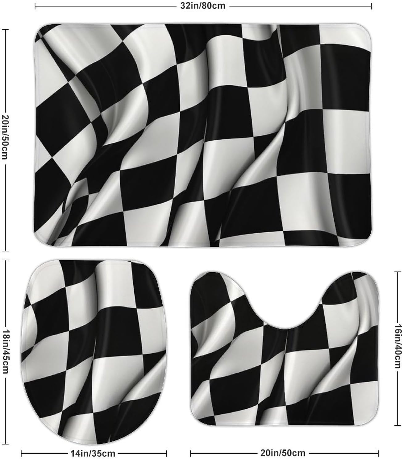 Anti-Skid Floor Mats 3 Piece Set,Black White Checkered Flags Printed Coral Fleece Bathroom Mats U-Shaped Contour Mat Toilet Seat Cover for Bathroom, Tub, Shower, Kitchen 19.7"x31.5"