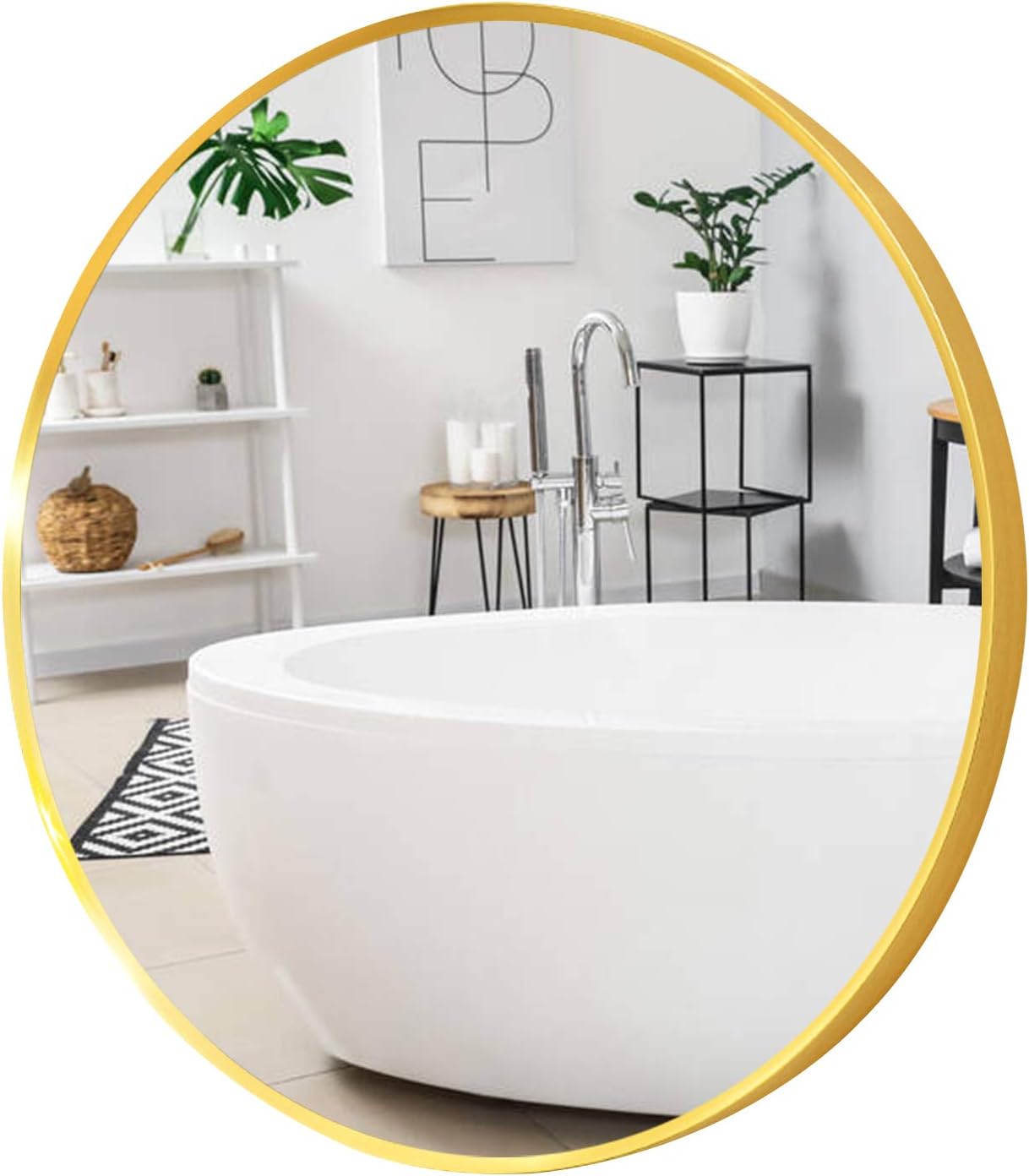 YWH Gold Round Mirror for Wall 24 Inch Modern Wall Mounted Circle Mirror for Bathroom Vanity Living Room Wall Decor Aluminum Alloy Metal Frame Wall Mirror